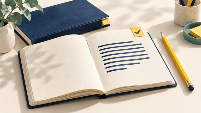 ノートに最初の原稿を書き、学びを実践へ進めるイメージ